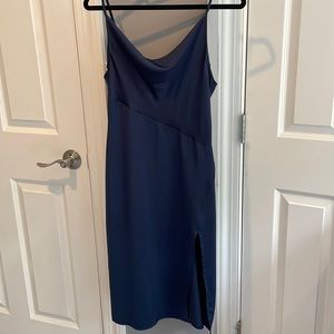 Navy silk midi dress with cowl neck